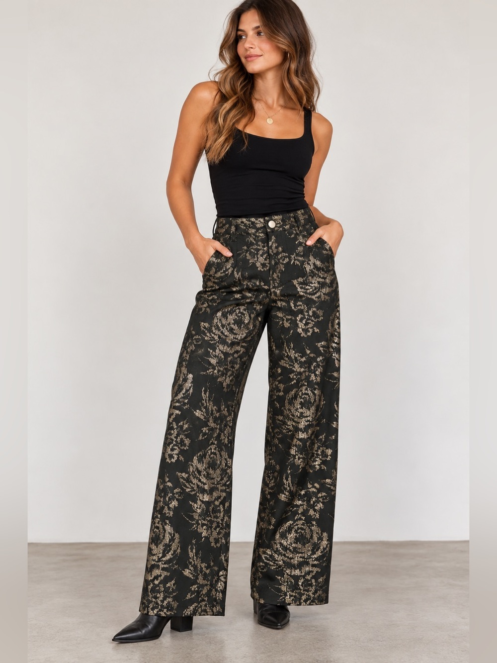 Jules & Leopold Metallic Floral Wide Leg Pants Black Gold Roses L